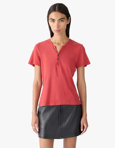 Bassike: Sheer Rib Placket T.Shirt - Heritage Red