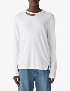 Raw Neck Cut Out L/S T-Shirt - White