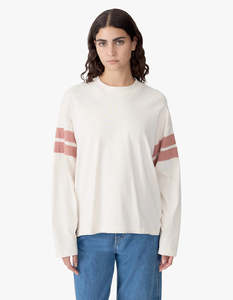 Boxy Rib Insert Long Sleeve T-Shirt - Ecru/Red