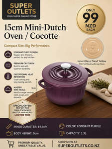 15cm Cast Iron Dutch Oven 1.3L – Mini Enamel Cocotte Pot (Purple)