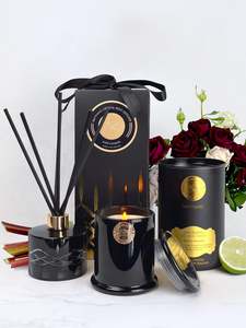 Candles: Roses & Rhubarb Duo - Long Burning Soy Wax Candle and Large Crystal Series Diffuser 200mL