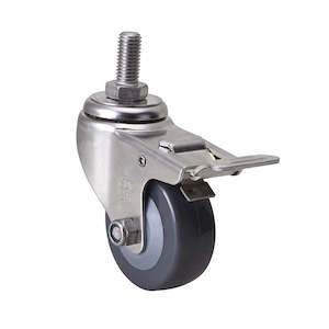 Economy Stainless Castors: 63mm Polyurethane Stainless Steel Threaded Stem Brake Castor – 60kg Rated