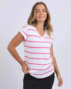 Foxwood Manly Stripe Vee Tee in Hot Pink