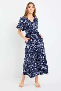 Lisbon Navy Polka Dot Puff Sleeve Midi Dress
