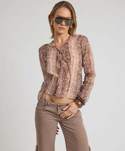 One Teaspoon Brandy Chiffon Long Sleeve Top in Snakeskin
