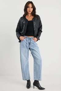 Jackets: Apex Black PU Collarless Quilted Puffer Jacket