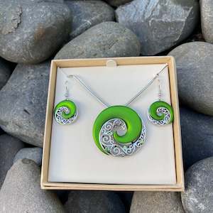 Green Koru Ox-Silver Jewellery Set