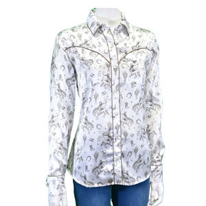 Rider Wear: Cowgirl Hardware Ladies Cream Buckskin Allover Print Long Sleeve Western Snap Shirt