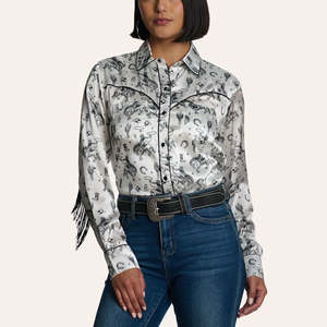 Rider Wear: Cowgirl Hardware Women's White & Black Buck 'N Boots Print Fringed Long Sleeve Pearl Snap Western Shirt