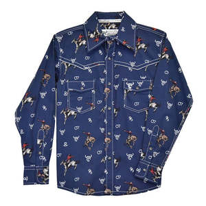 Rider Wear: Cowboy Hardware Boys Navy Blue Vintage Bronc Long Sleeve Western Button Up Shirt