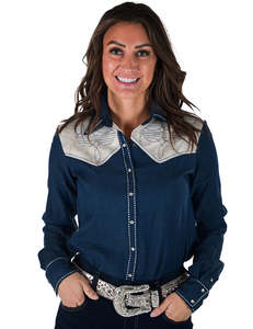 Cowgirl Tuff Pullover Button Up - Denim With Cream Accents
