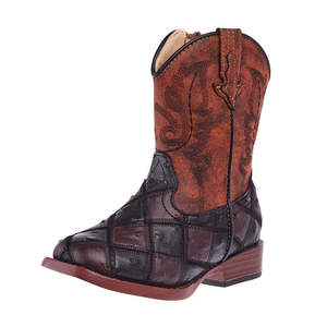 Roper Kids Bird Blocks Brown and Black Faux Ostrich Patchwork Cowboy Boot