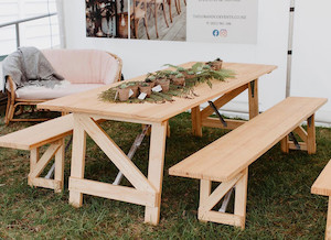 Products: PINE TRESTLE TABLE AND BENCH SET Taylor & Co Events