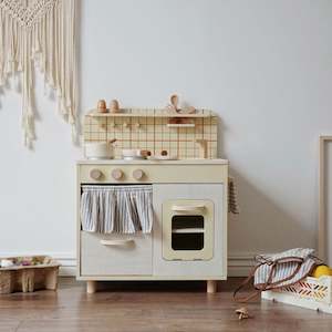 Toy Kitchens & Play Food: Complete Retro Wooden Kitchen Playset with Checked Tea Towel (3+ Years) *Pre-Order