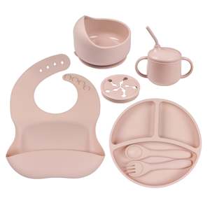 Kids Dinnerware Sets: Food Grade Silicone Kids Dinnerware Set - Suction Bowl, Sippy Cut, Divided Plate, Bib, Snackk Cup & Cutlery (7pcs Set)