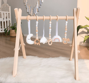 Play Mat: Taylorson Wooden Baby Play Gym with Six Hanging Toys