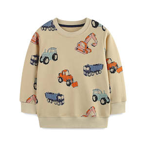 Kids Clothing Accessories: 100% Cotton Construction Vehicles Print Kids Autumn Sweater (2-7 years)