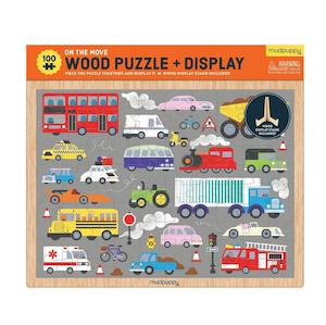Kids Room Decor: Mudpuppy Vehicles on the Move 100 Piece Wood Puzzle + Display (3 years+)
