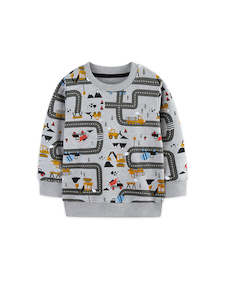 Construction Trucks on Road Map Print Kids Sweater (2-7 years)