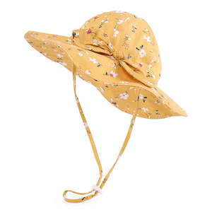 100% Cotton Foldable Toddler Sun Hat - Vintage Floral in Yellow (6-18 months)