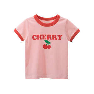Kids Clothing Accessories: Girls Pink Cherry Cotton Kids Ringer T-Shirt (1-10 years)