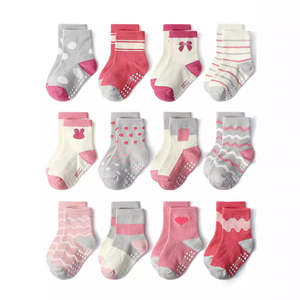 Construction Farm Hand Vehicles Busy Traffic Gift Ideas: Pink Polka & Stripe Anti-Slip Kids Socks for 1-5 Years (12 Pairs)