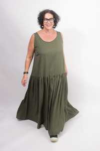 Linen: TCD Petticoat Dress- Khaki Viscose Linen (LUCKY LAST S = 16)