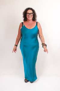 TCD Long Bias Slip Dress - Ocean Blue Satin