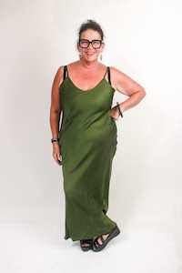 TCD Long Bias Slip Dress - Khaki Satin