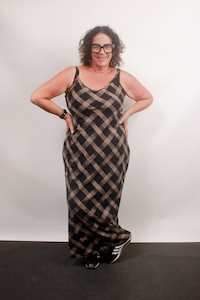TCD Long Bias Slip Dress - Brown Check