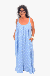 Linen: TCD Maxi Baby Doll Dress - Baby Blue Polka Dot
