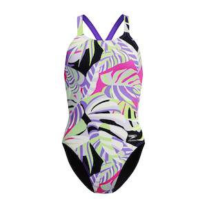Swimwear Girls One Piece: Speedo - Junior Girls - Print Powerback - Fronds/Indigo Glow