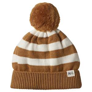 Bodysuits: Nature Baby Organic Merino Alpine Pom Pom Beanie - Toffee Bold Stripe