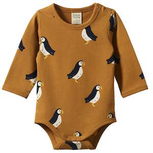 Nature Baby Organic Cotton Stretch Jersey Long Sleeve Bodysuit -  Puffin Toffee