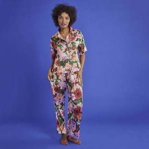 Kip & Co Satin Short Sleeve Shirt & Pants Pyjama Set - Rose Garden