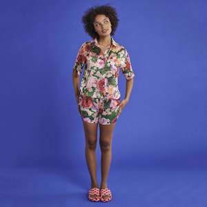 Kip & Co Satin Short Sleeve Shirt & Shorts Pyjama Set - Rose Garden