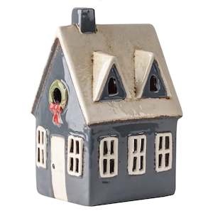 Ceramic Alsace Tealight Cottage - Navy with Wreath