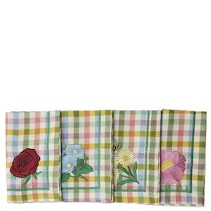 Kip & Co Embroidered Linen Napkin Set - Sweet Flowers Tartan