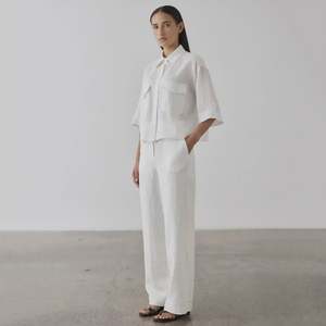 Laing Wide Leg Tab Cuff Linen Pants- White
