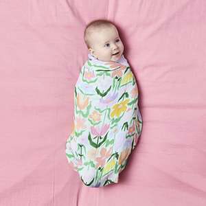 Swaddles Comforters Rattles: Kip & Co Bamboo Swaddle - Popping Flowers Green