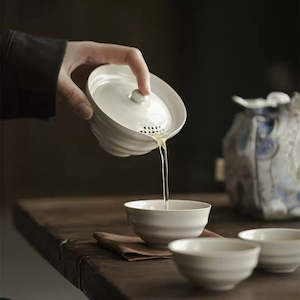 Grass and wood gray clay hand-grabbing bowl, Three cups of travel tea set