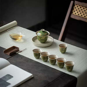 Gold crane ceramic Chinese tea set with pot holder gift box