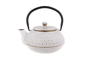 teaware: Beaded White/Gold Cast Iron Teapot