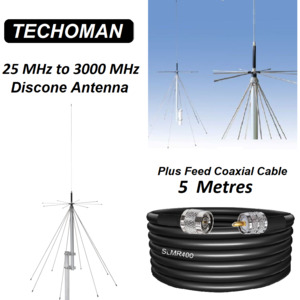TECHOMAN 25 MHz to 3000 MHz Super Discone Ultra-Wide Band Outdoor Antenna / Aerial & 5M Coax