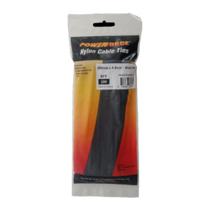 POWERFORCE 100x Cable Ties Black UV 200mm x 4.8mm Weather Resistant Nylon