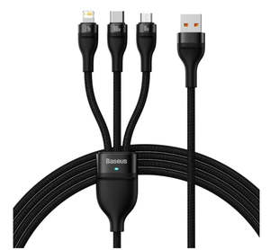 Usb Firewire: Baseus Flash Series Ⅱ, 3 Simultaneous Fast Charging Data Cable USB to Micro USB+Lightning +USB C 100W 1.2m Black