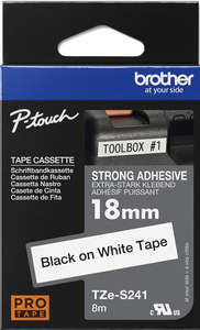 Ptouch Tze 18: TZe-S241 Brother 18mm x 8m Black on White Strong Adhesive Laminated Tape