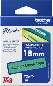 Ptouch Tze 18: TZe-741 Brother 18mm x 8m Black on Green Adhesive Laminated Tape
