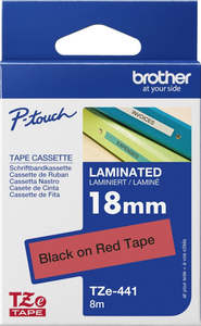 TZe-441 Brother 18mm x 8m Black on Red Adhesive Laminated Tape
