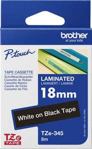 Ptouch Tze 18: TZe-345 Brother 18mm x 8m White on Black Adhesive Laminated Tape